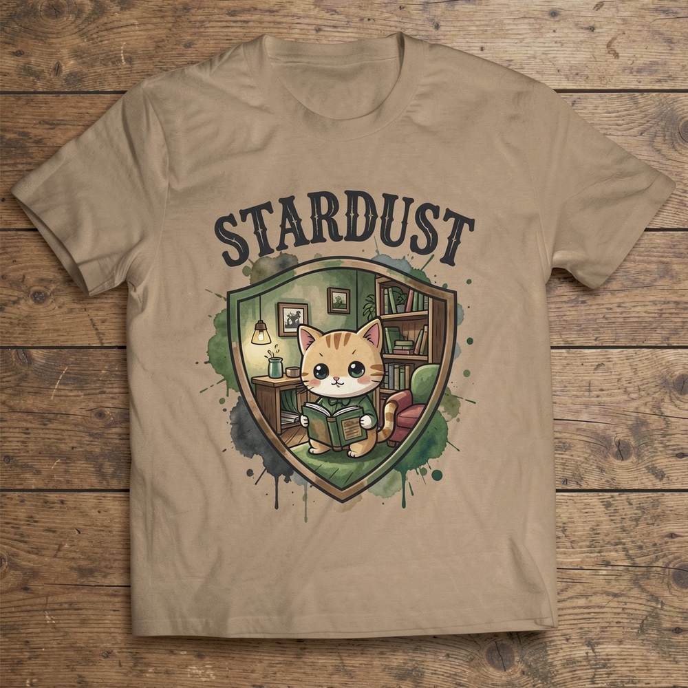 Gildan Tan Tee with Green & Brown Reading Kitten Graphic